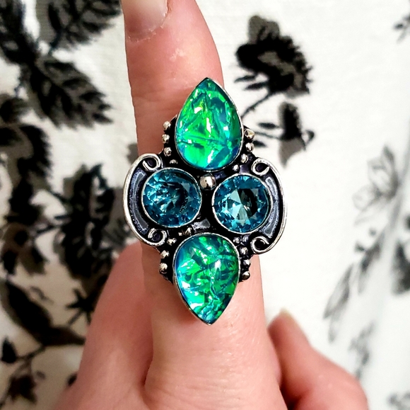 New Dichroic Glass and Blue Topaz 925 Silver Ring. - Picture 3 of 8